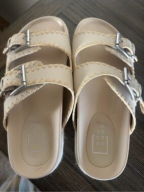 Cream Double-Buckle Slide Sandals